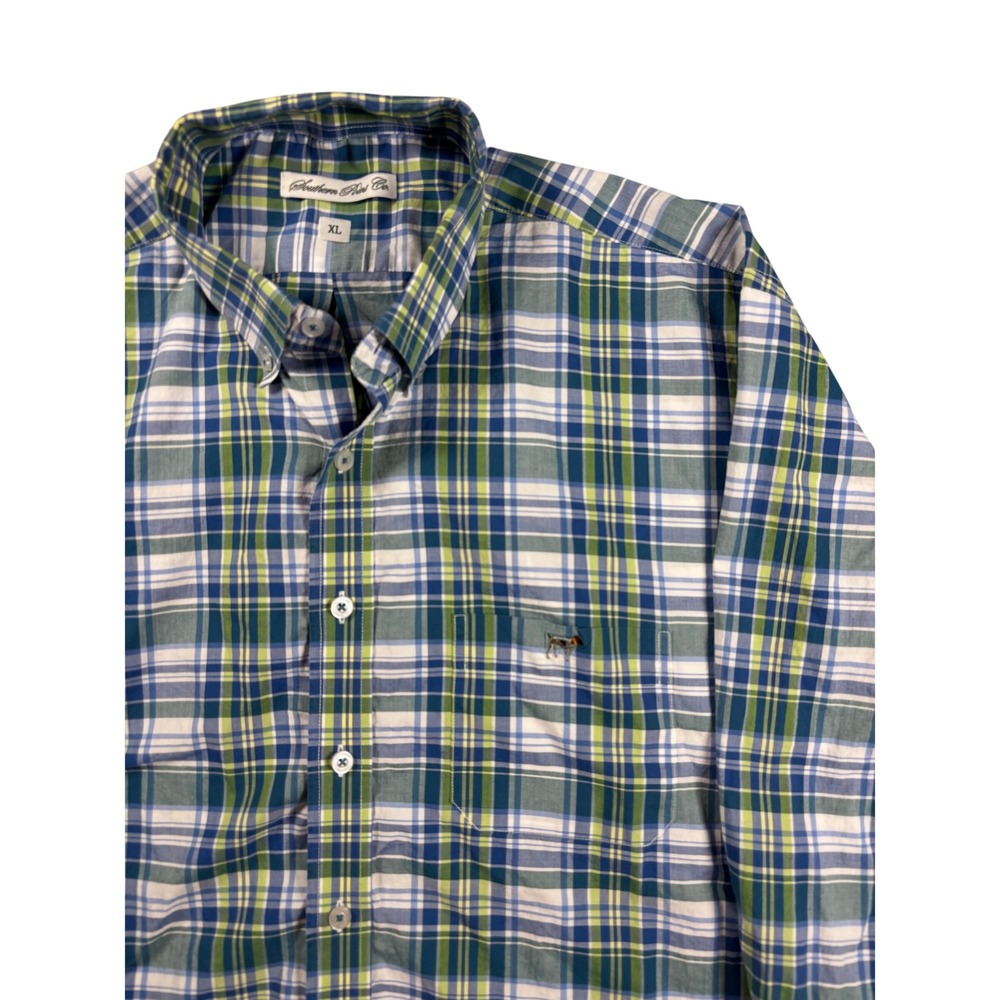Southern Point Co Mens XL Plaid Button Down Shirt Blue Green Long Sleeve Logo